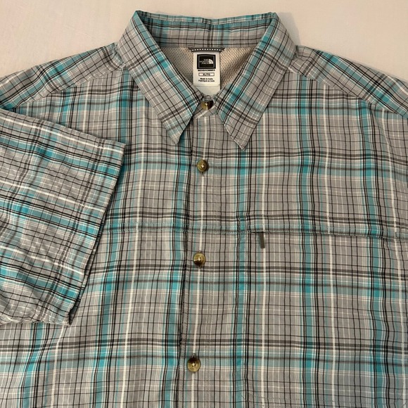 The North Face Men's XL Teal Gray Plaid Short Sleeve Button-Up Shirt Outdoor - Picture 1 of 8
